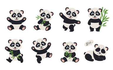 Naklejka premium Cute animal panda set characters. Panda with bamboo in various poses. Panda running, standing, jumping and sleeping. Forest wild animals.