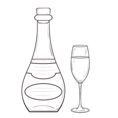Vector Illustration of a fancy bottle and a glass. Hand drawn outlined corked liquor bottle and a flute glass filled with beverage
