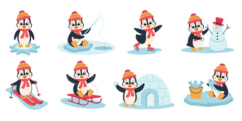 Fototapeta premium Cute animal penguin set characters. Cute penguin in different situations.