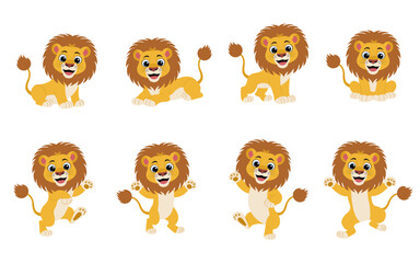 Cute animal lion set characters. Cute lion in various poses. Lion running, standing, jumping. Forest wild animals. © Ekaterina Karikh