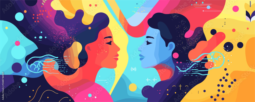 Poster vibrant abstract portrait of two facing faces with colorful fluid shapes - vector