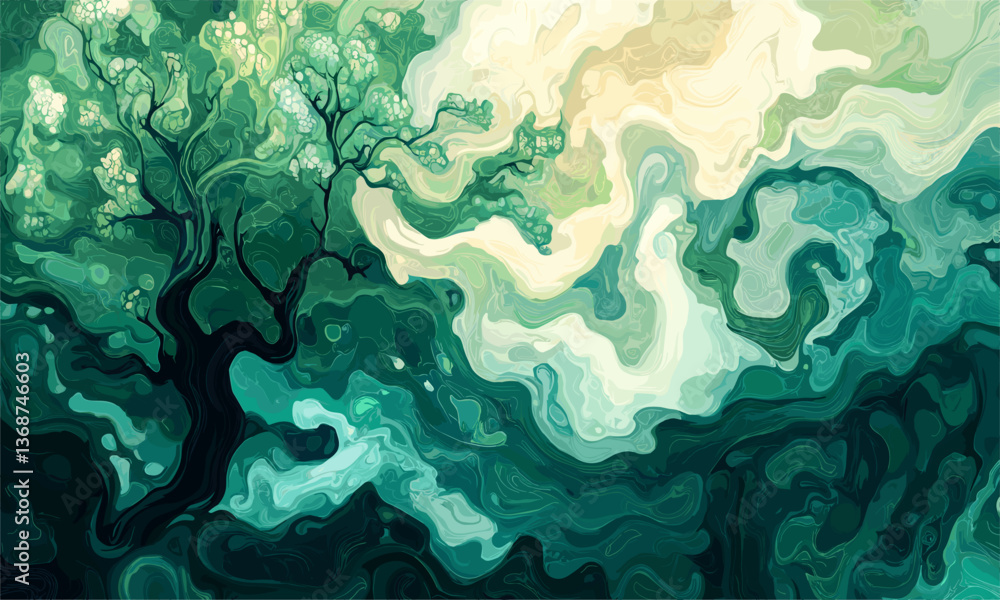 Aufkleber abstract swirling nature with blossoming tree in green and yellow tones - vector