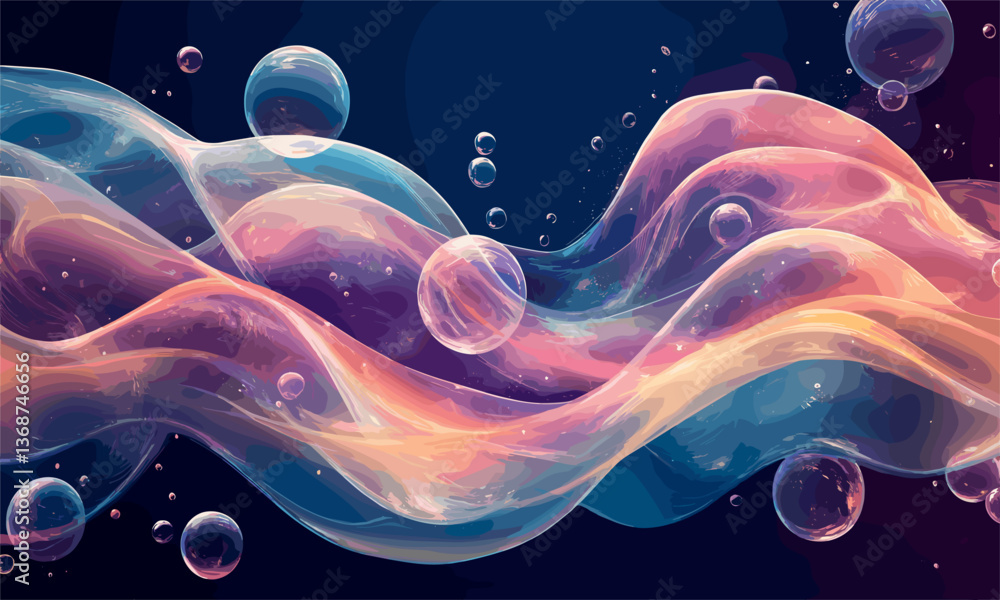 Poster abstract colorful waves and bubbles on dark background - vector