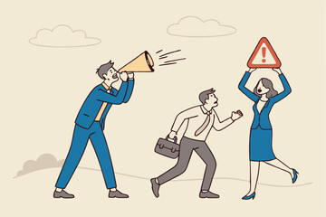 Shouting warning message, caution or alert attention, safety or danger announcement, risk or important information, beware or careful sign, businessman shouting on megaphone with exclamation sign.