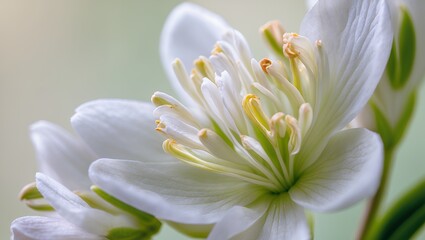 Obraz premium Close-up of a delicate white flower with yellow stamens. Soft focus background