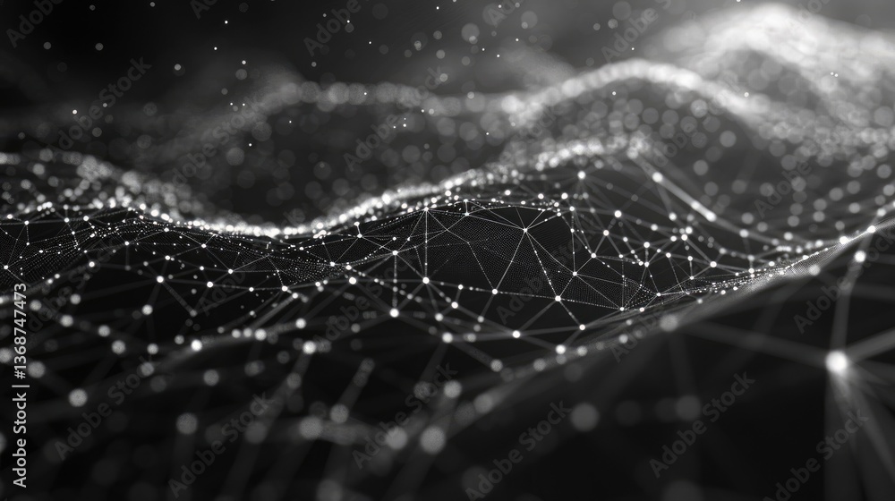 Poster a futuristic thin grid design set against a pitch-black background, featuring white dots and connect