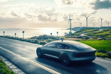 A sleek electric vehicle with autonomous driving features gliding along a coast road, surrounded by green spaces, wind turbines, and solar-powered streetlights.