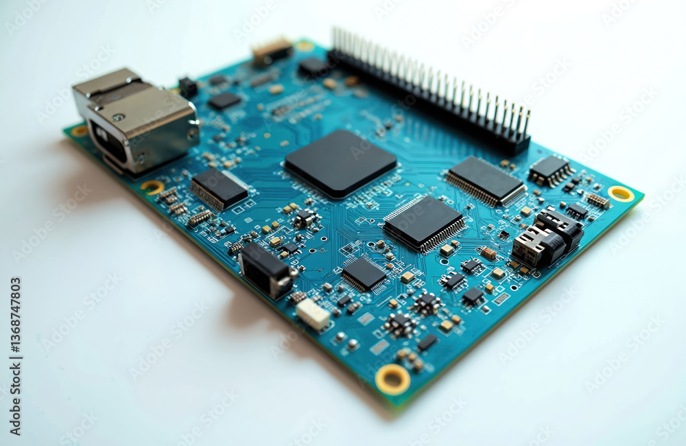 Poster close-up photo of blue circuit board featuring computer components. microchips, processors, capacito