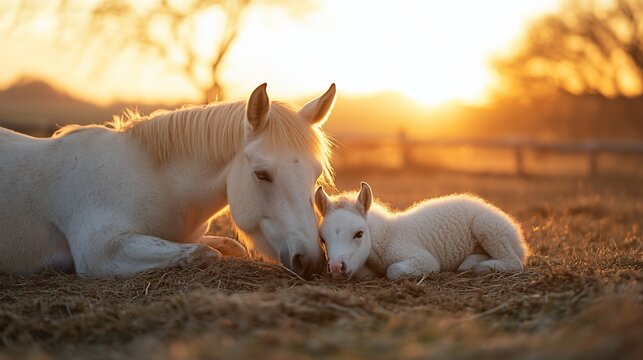 Mare and foal resting together in a field during golden hour; idyllic scene