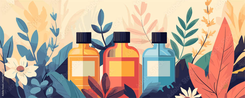Poster three colored bottles surrounded by foliage in a natural setting vector