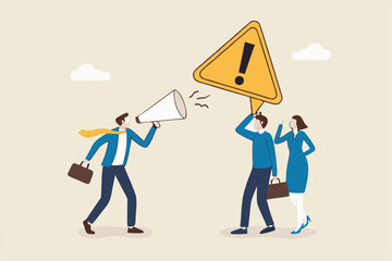 Shouting warning message, caution or alert attention, safety or danger announcement, risk or important information, beware or careful sign, businessman shouting on megaphone with exclamation sign.