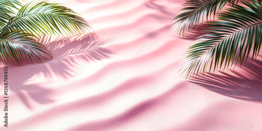 Aufkleber pink sandy beach with palm trees and a pink background. the palm trees are casting shadows on the sa