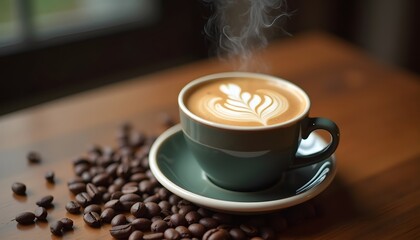 Cappuccino with latte art served in a green cup, surrounded by coffee beans on a wooden table.