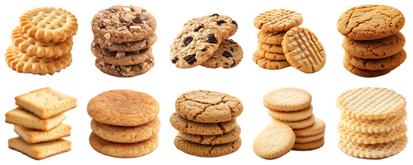 A Variety of Delicious Biscuits Displayed in Neatly Stacked Arrangements with Different Textures, Shapes, and Colors for an Inviting Dessert Presentation. Piquant food set.