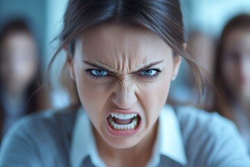 Female top manager or team leader quarreling at employees, dissatisfied with their work during a conference in the meeting room