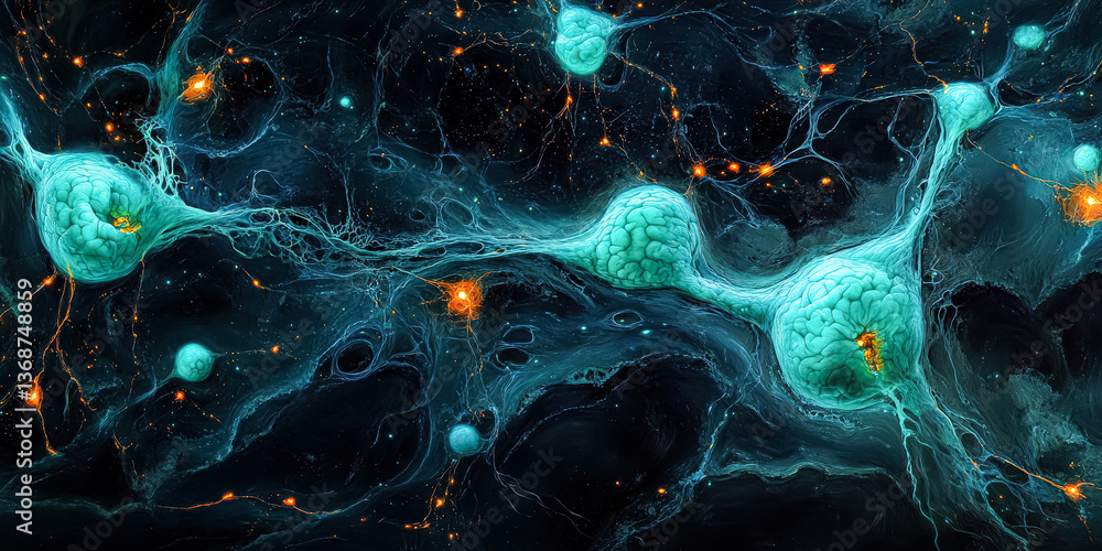 Poster black and green image of a brain with many small green dots. the image is abstract and has a moody, 