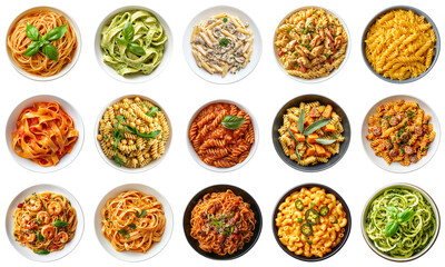 A Stunning Array of Various Italian Dishes Featuring Pasta Varieties, Unique Ingredients, and Vibrant Colors on White Background. Piquant food set.