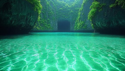 Lush green vegetation surrounds a calm turquoise body of water