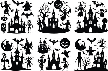 Halloween Black Silhouettes Haunted House, Bats, Pumpkins, Monsters, Ghosts Collection