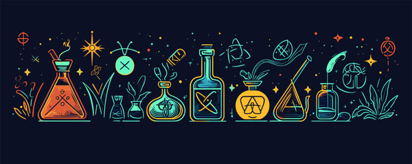 Magical potion bottles and alchemy tools seamless pattern on dark background vector