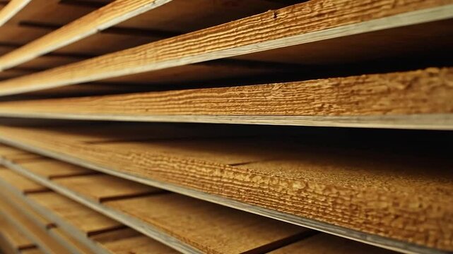 Stacked lumber boards in drying shed