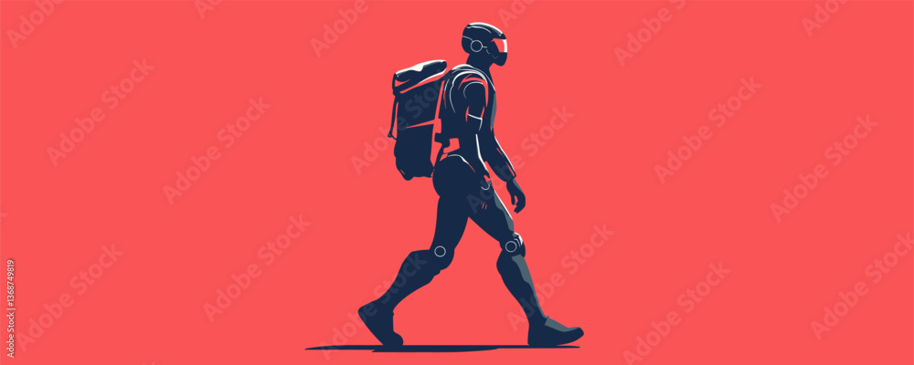 Poster futuristic humanoid robot walking with backpack on red background - vector