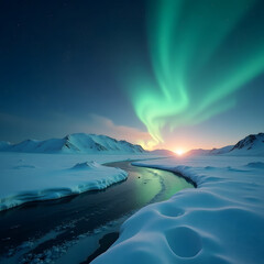 Naklejka premium Winter Night in Arctic Tundra, Northern Lights and Frozen River, Polar Silence