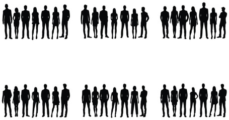 Silhouette Crowd Diverse Men and Women Standing in Two Rows on White Backdrop
