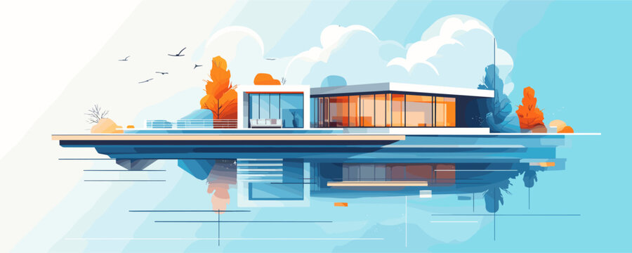 Modern lakeside house with autumn trees and cloudy sky &ndash; vector