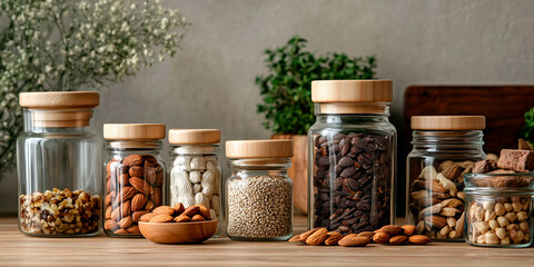 Assortment of nuts, seeds and dried fruits in glass jars with wooden lids on kitchen counter