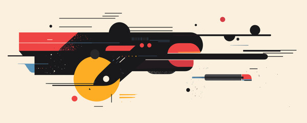 Abstract geometric shapes with dynamic lines and circles on beige background, vector