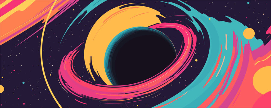 Abstract cosmic swirl with colorful galactic spirals and stars on dark background, vector