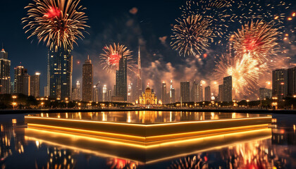 China National day product display podium background Golden Fireworks Celebration, polished gold, city square, towering skyscrapers, historical landmarks, red and gold fireworks, powerful, festive set