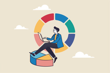 Investment pie chart asset allocation for diversification, financial percentage distribution, budget or marketing analysis chart diagram concept, businessman working with computer laptop on pie chart.