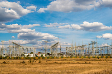 Fototapeta premium Panoramic view of electrical power station. Copy space.