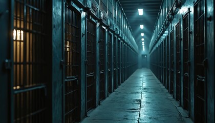 Long prison corridor with cells. Rows of cell doors with metal bars. Hallway with empty cells, low light, dramatic atmosphere. Prison concept, justice system.