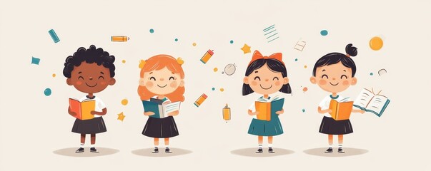 Happy children with different school subjects in their hands. Illustration