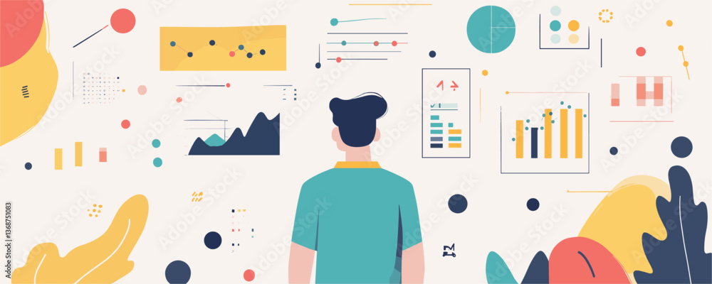 Poster business analyst reviewing data charts and graphs in modern workspace design, vector