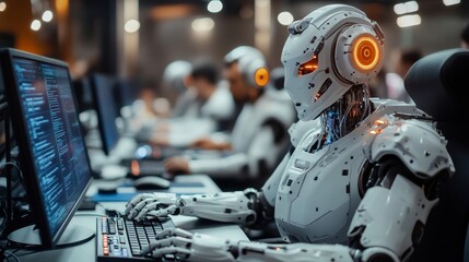 Fototapeta premium Robot working at computer among people. Maschine typing on keyboard in office. IT team of future. Futuristic worker. Humanoid work at call center. Support job. Selling concept