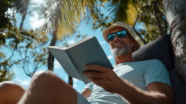 A man is reading a book while sitting in a chair under a palm tree
