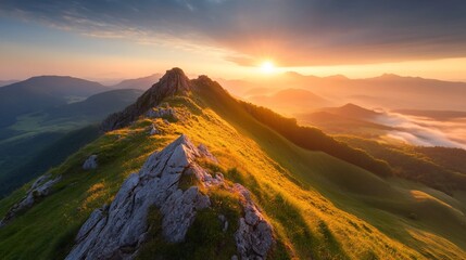 Mountain ridge kissed by sun. Clouds in valley. Serene, tranquil scene