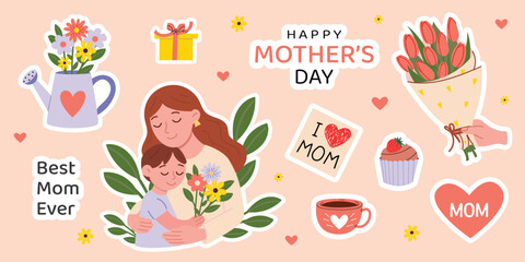 Fototapeta premium Cute Mother's Day sticker set with mom and son, flowers, hearts, gift, cupcake and more. Adorable flat vector illustration, perfect for greeting cards, posters, or festive spring decor.