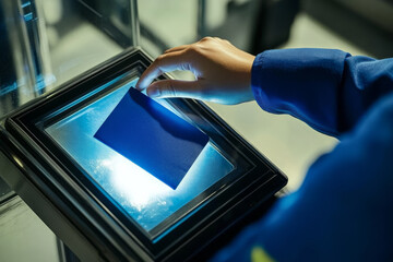 A TSA agent scans a passport under a bright inspection light as part of airport security procedures.