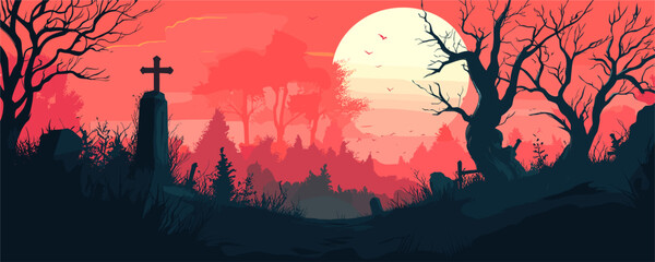 Obraz premium Spooky graveyard at sunset with full moon and silhouetted trees - vector