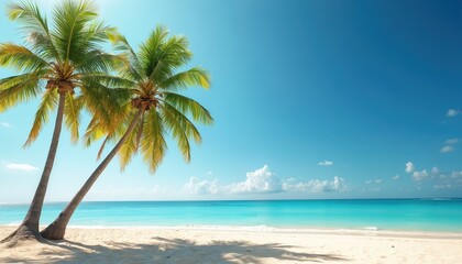 Fototapeta premium Tropical beach scene with palm trees under clear sky. Sunny day at ocean shore. White sand, turquoise water creating a vacation mood. Summer travel, holiday destination, relaxation, paradise.