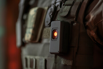 A compact body camera with a glowing red recording light is securely mounted on tactical gear.