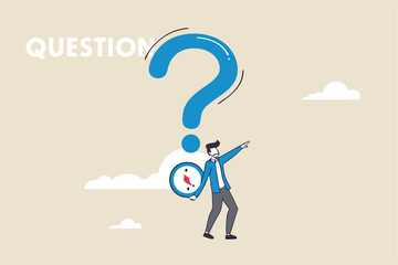 Open ended question, asking questions to encourage new idea, guidance for solution or solving problem, decision to reply or answer concept, businessman with question mark compass guidance for answer.