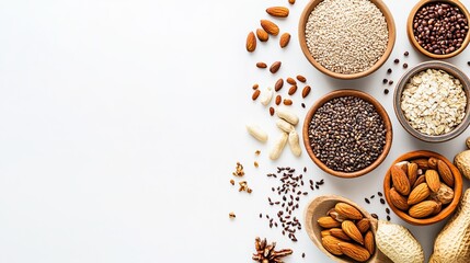 Assorted Nuts and Seeds on White Background: A Nutrient-Rich & Wholesome Display