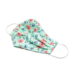 Stylish fabric face mask with pink and blue flowers on pastel green pleated for comfort ideal for a fashionable and safe everyday wear