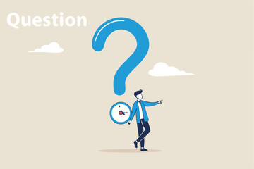 Open ended question, asking questions to encourage new idea, guidance for solution or solving problem, decision to reply or answer concept, businessman with question mark compass guidance for answer.